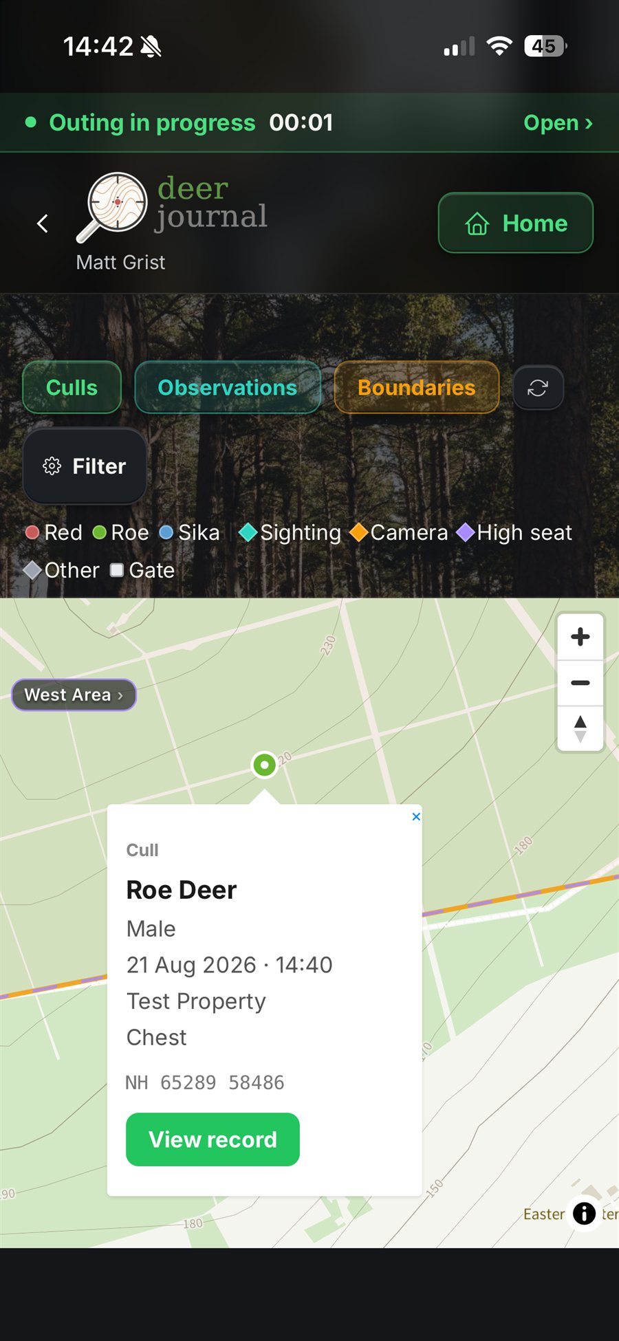 The map view, showing cull pins on mapped ground
