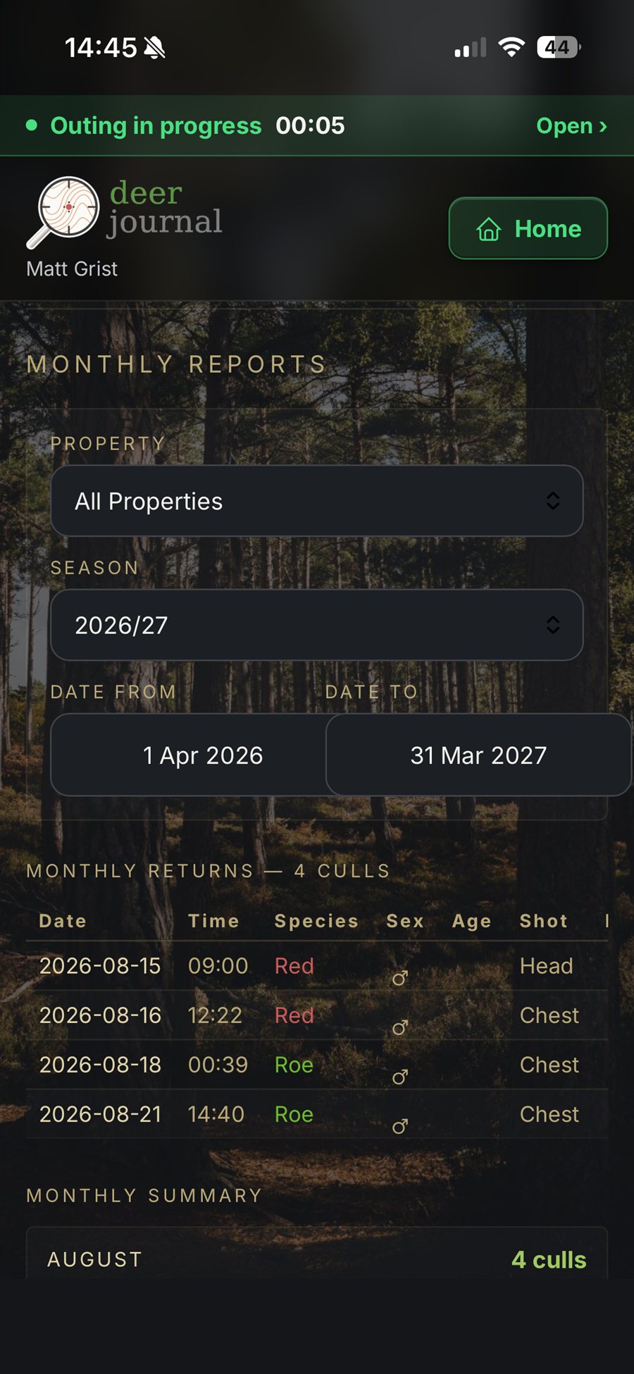 The reports screen, showing the season summary